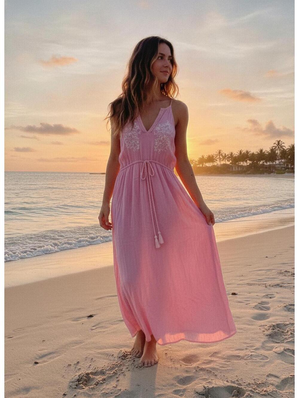 Love Tree Petal Pastel Pink Maxi Dress with Embroidery Small